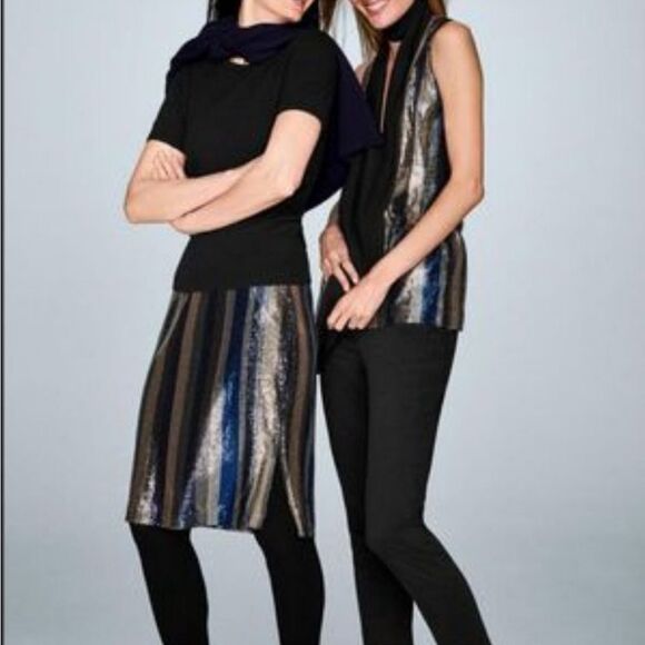 NEW Worth sequin Stripes Blue Silver Evening Party Above Knee Pencil skirt 4 - Picture 1 of 11
